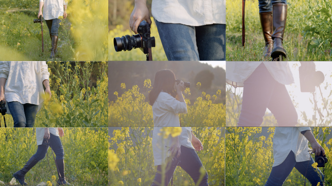 拿着相机的女摄影师走在田间油菜花海