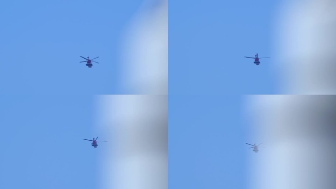 蓝天白云直升机飞过超长焦镜头拍摄