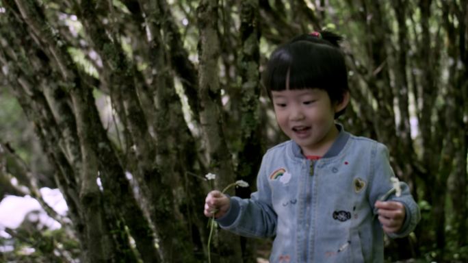 小女孩在林间采蘑菇