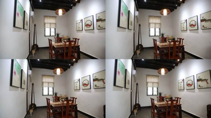 农家民宿中式餐厅红木桌椅书画灯光实拍素材