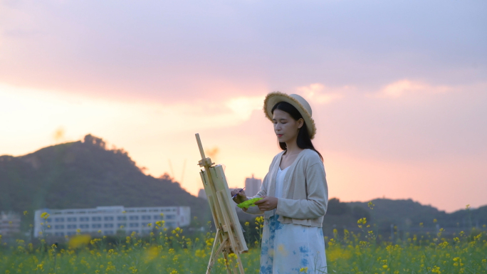 4K夕阳油菜花画画的少女合集7个视频