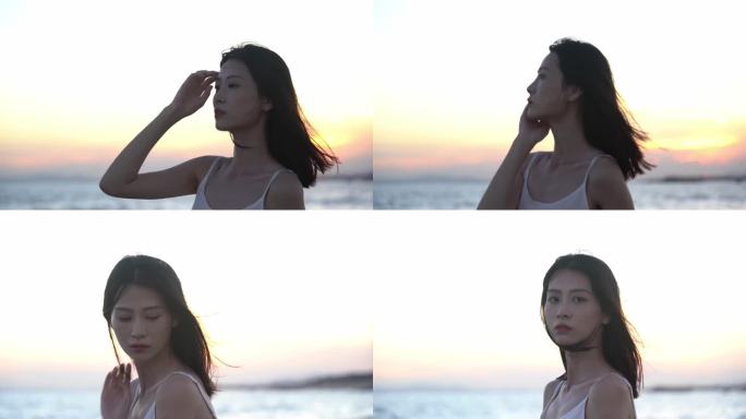 【4k画质】情绪女人海边夕阳升格