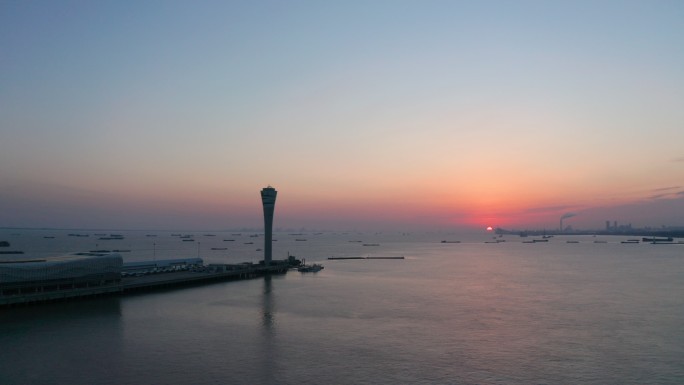 上海吴淞国际邮轮码头日出唯美航拍