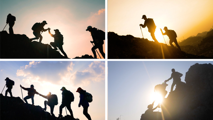 登山团队背包客探险家团队手拉手一起登山顶