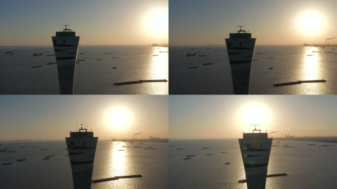 清晨上海宝山国际邮轮码头航道指挥塔航拍