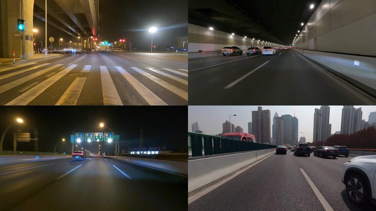 汽车穿梭行驶在上海城市高架第一视角路跑