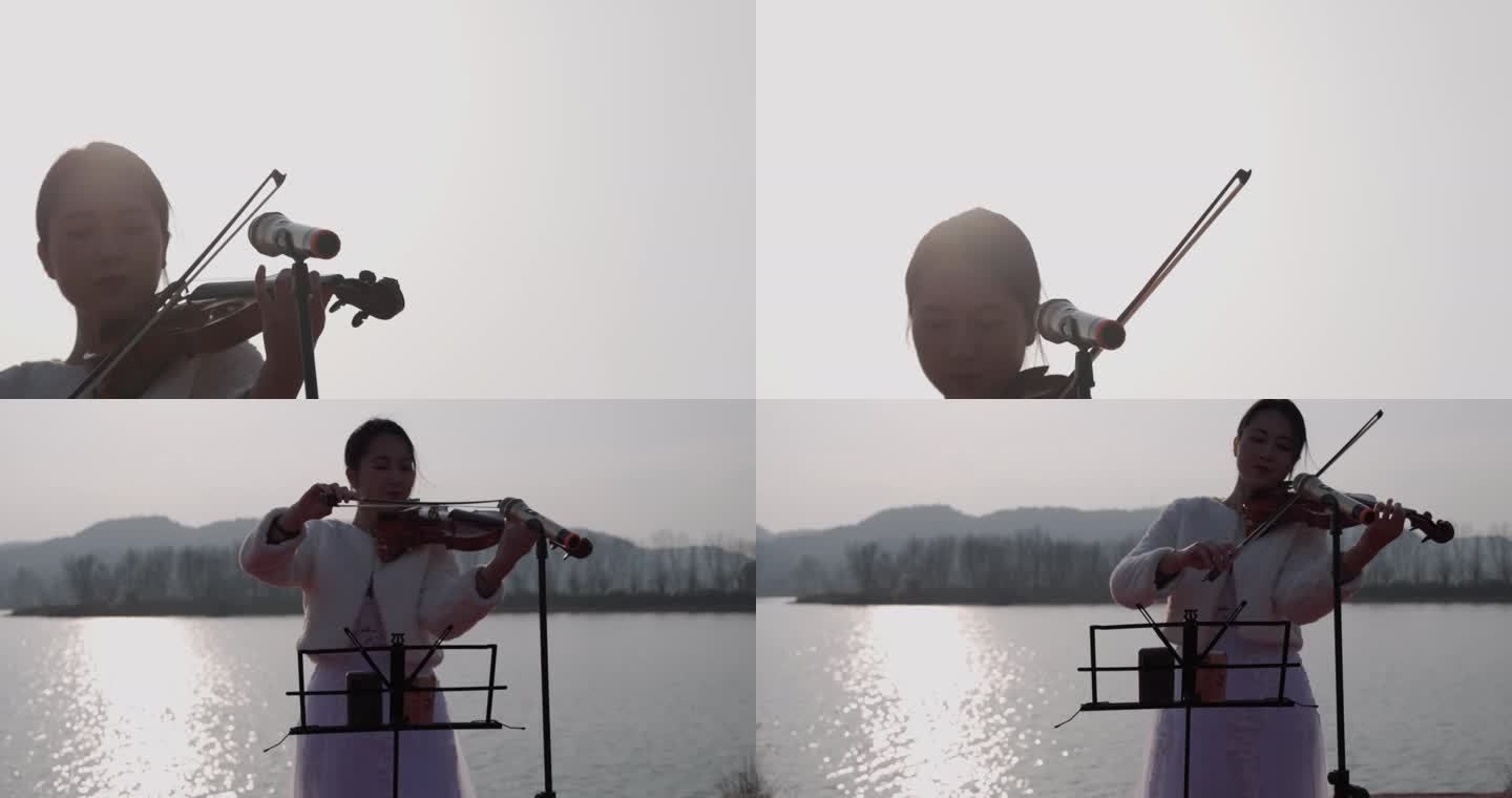 4k逆光 小提琴表演演奏 湖面 唯美悠远