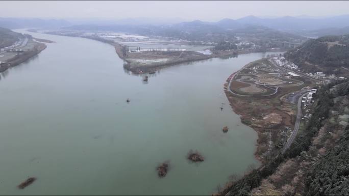 4k双江村雪花小雪 唯美江景 射洪市航拍