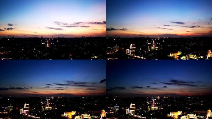 城市日转夜的航拍延时摄影