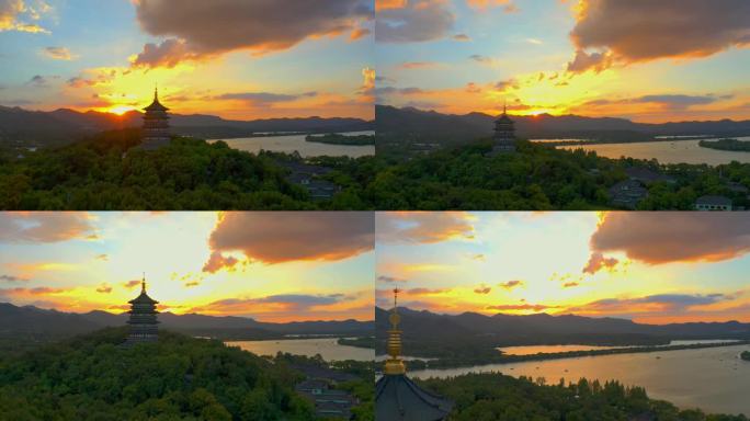 4k航拍杭州西湖雷峰塔绝美云彩夕阳