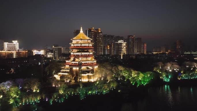 航拍鹰潭城市夜景北极阁