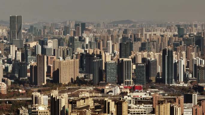 杭州钱塘江两岸长焦航拍城市建筑群
