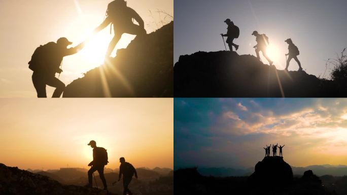 登山团队团结合作手拉手齐心协力成功登山峰