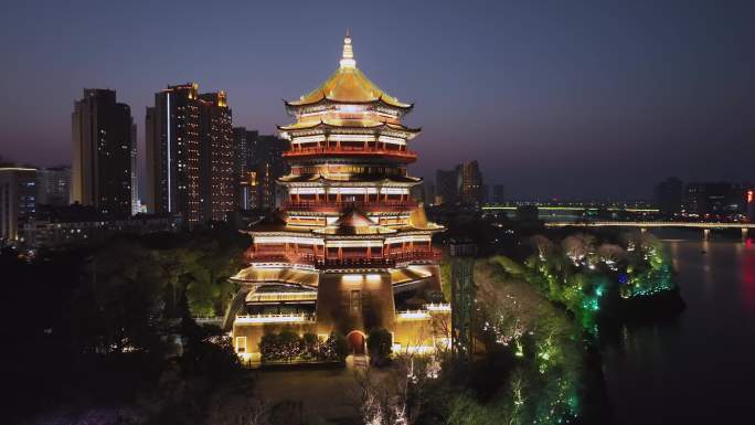 航拍鹰潭城市夜景北极阁