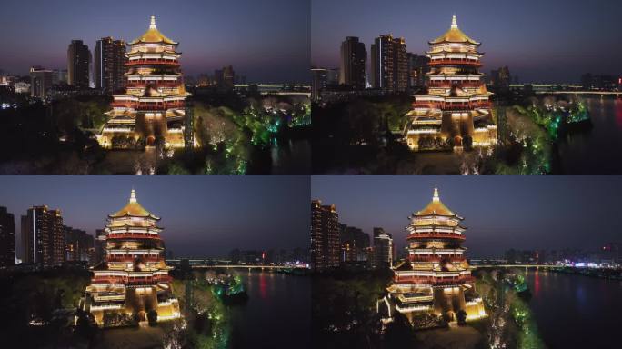 航拍鹰潭城市夜景北极阁