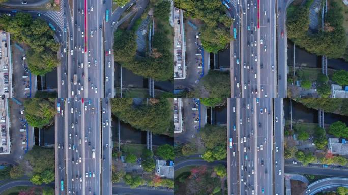 顶视航拍城市道路车流