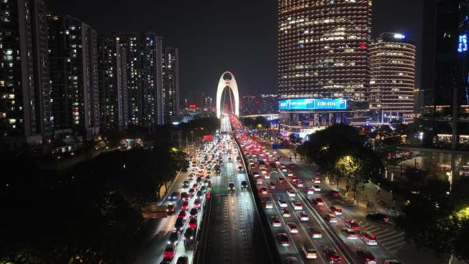 航拍城市夜景车流广州猎德cbd