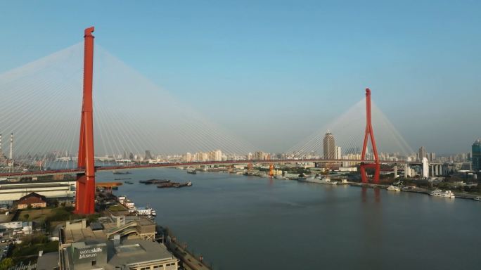 上海杨浦滨江杨浦大桥航拍4K
