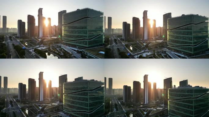 4K航拍杭州夕阳下的奥体中心建筑