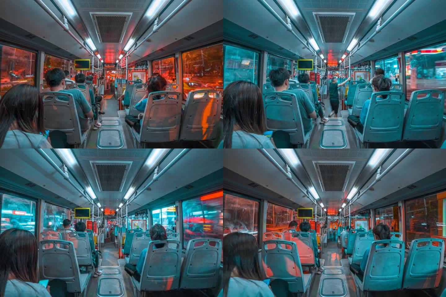 多人的公交车内夜景延时8K