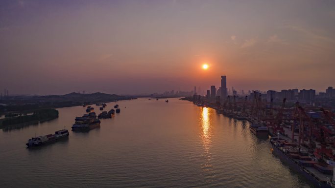 黄埔区大吉沙岛 日落 江景 港口 集装箱