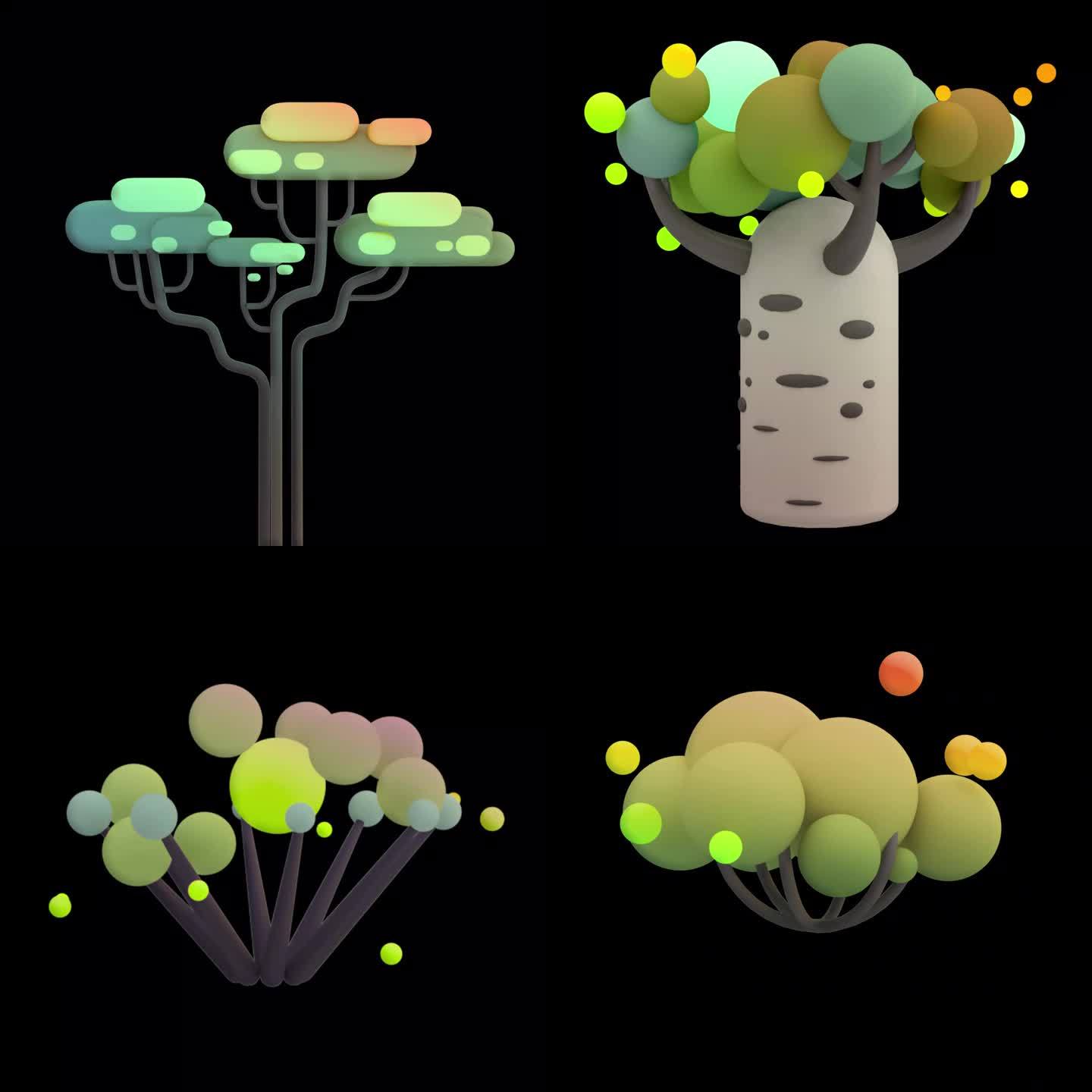 四种卡通动态三维植物树灌木带通道