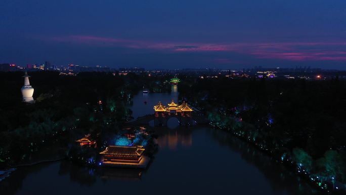 航拍扬州瘦西湖五亭桥夕阳夜景