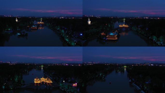 航拍扬州瘦西湖五亭桥夕阳夜景