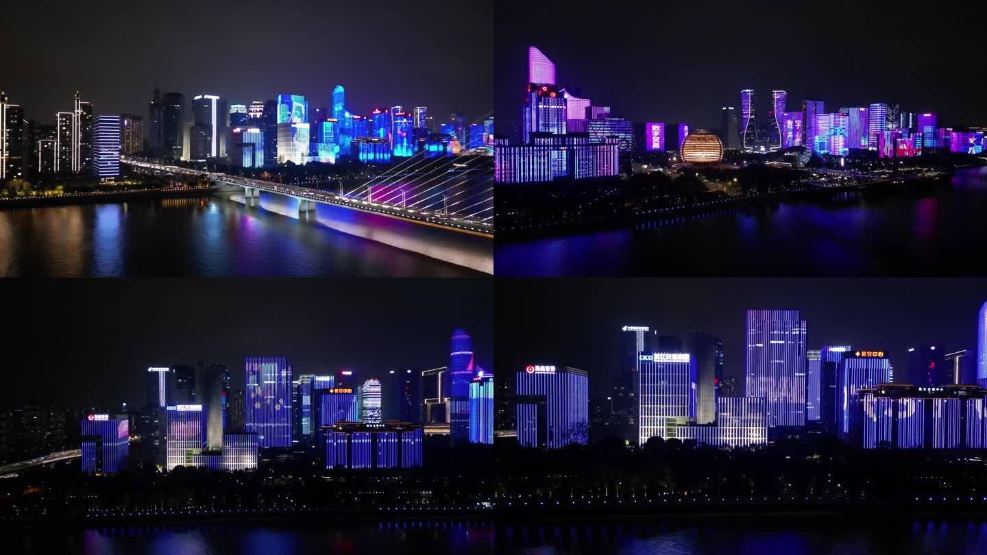 杭州城市阳台附近建筑与车流夜景