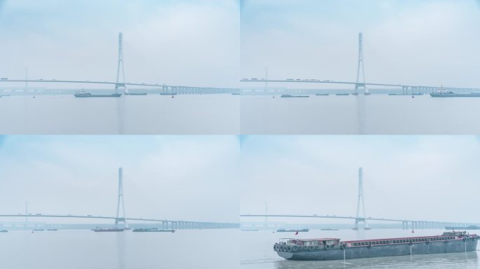 南京大胜关长江大桥与江上货船行驶延时摄影