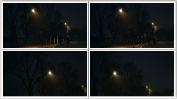 夜晚路灯路人散步