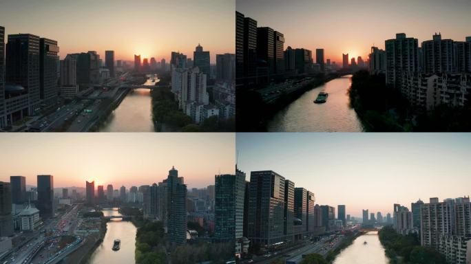 杭州大运河河畔环城北路夕阳航拍2023年