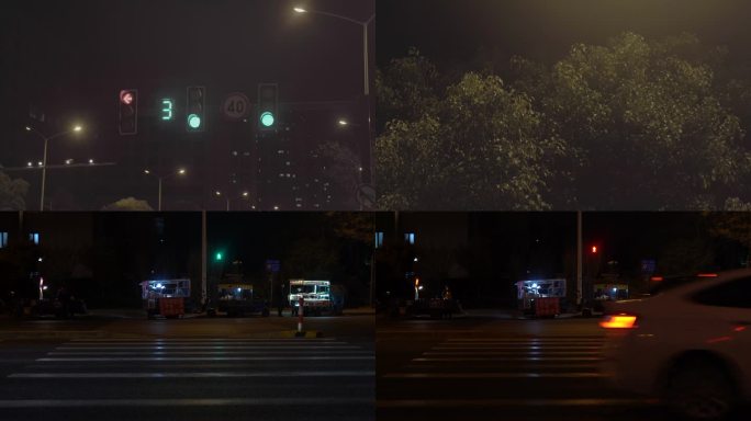 夜晚城市一角赶路人小摊贩路口红绿灯车流