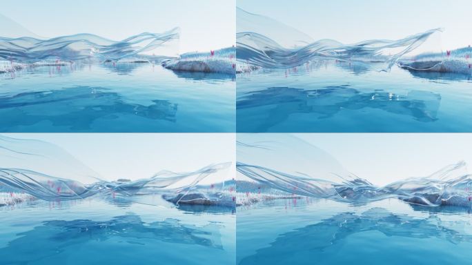 蓝色湖面与流动的透明布料3D渲染