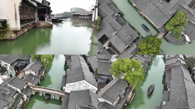 乌镇 江南水乡古镇民居河道 春雨 乌篷船