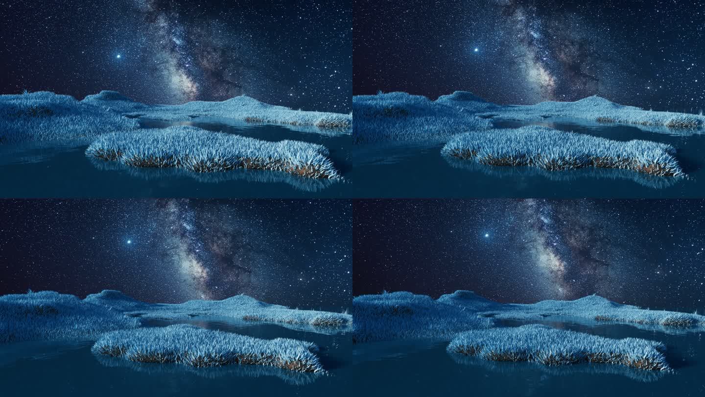 蓝色草地与夜晚星空3D渲染