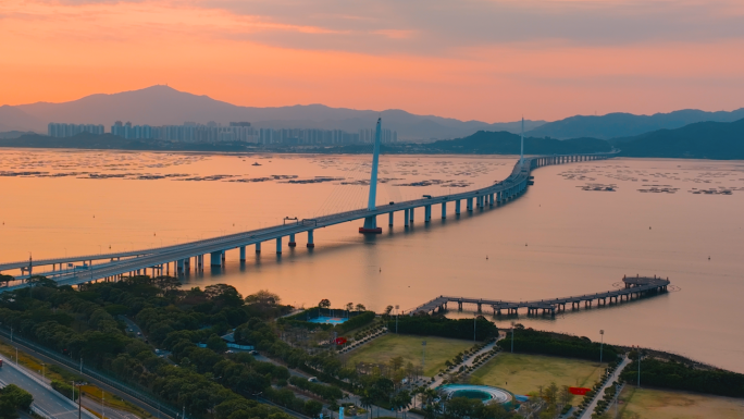 早晨深圳湾公路大桥航拍跨海大桥