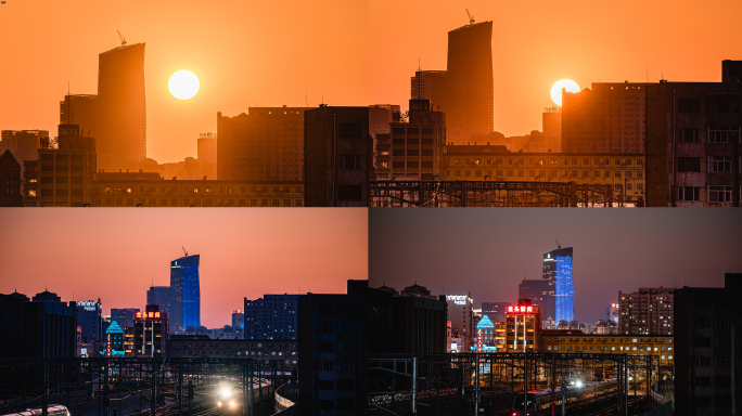哈尔滨城市铁路列车夕阳黄昏日转夜延时摄影