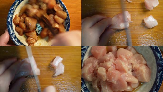 镜头合集清洗鸡胸肉切鸡胸肉加入调料腌制3