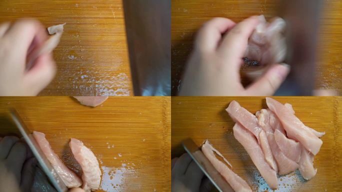 镜头合集清洗鸡胸肉切鸡胸肉加入调料腌制2