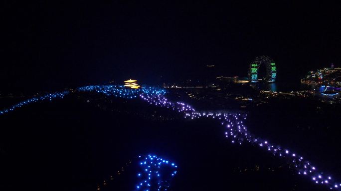 夜景航拍湖州太湖楼