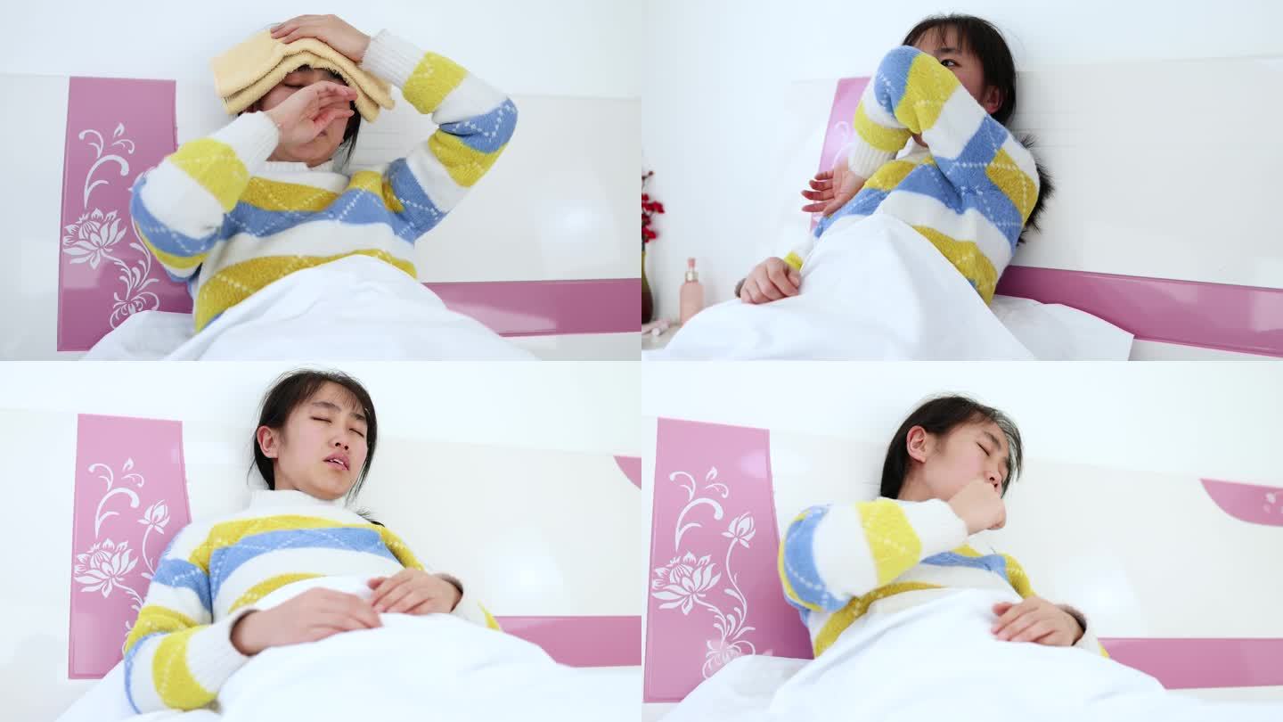 生病的小女孩感冒咳嗽躺在床上用餐巾纸图片下载 - 觅知网