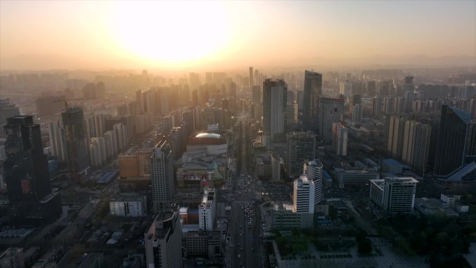 航拍石家庄城市大景 日落 勒泰