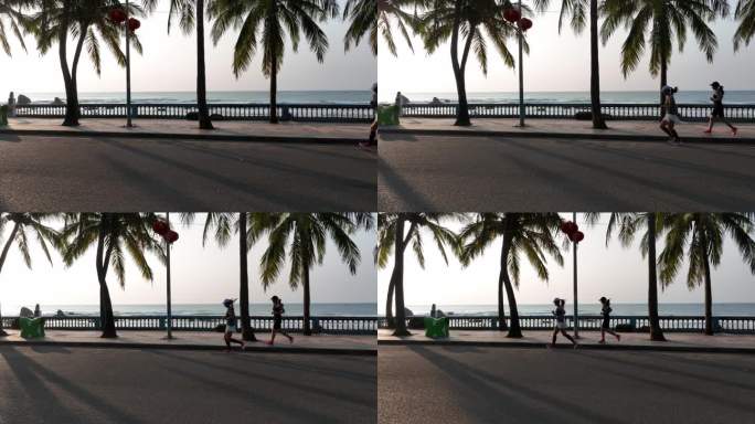 女子晨跑在海边公路和椰子树
