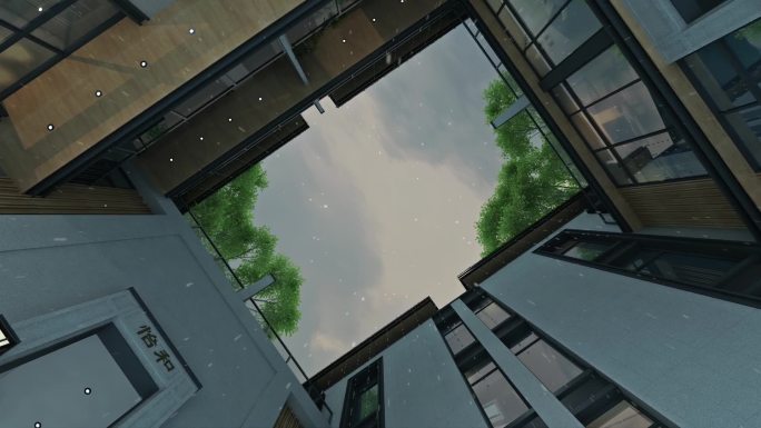 别墅中庭院落中庭雨天动画镜头