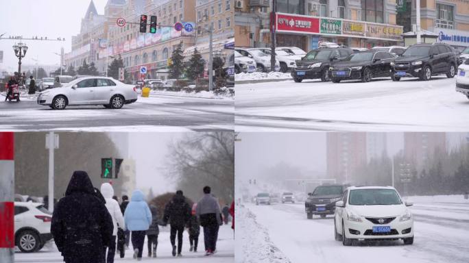 4K冬天城市道路行人雪景