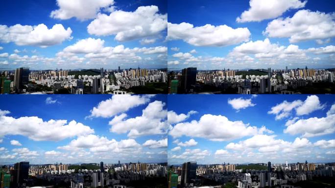 城市蓝天白云的航拍延时摄影