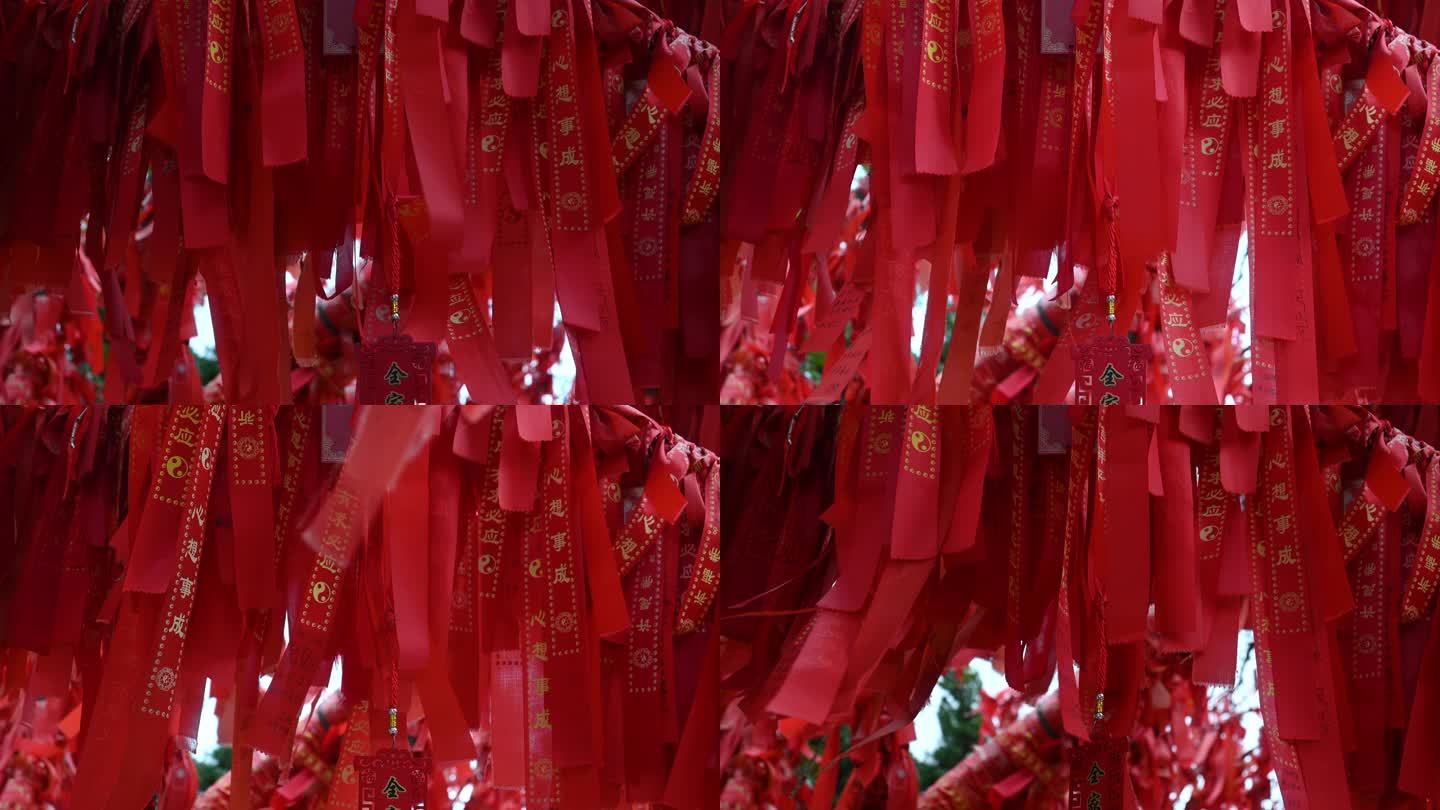 寺庙寺院祈福祈愿的红飘带和许愿树实拍素材