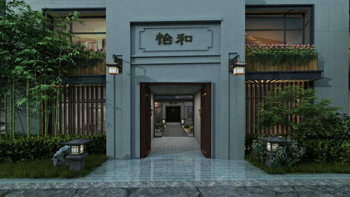 新中式别墅入口景观动画漫游