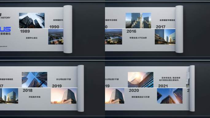 企业发展历程三维卷轴打开图文展示
